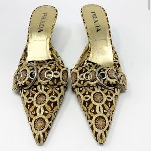 Prada | Women’s Gold Embroidered Kitten Heel Mules